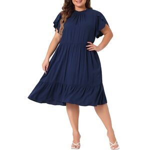 Plus Size Tie Back Petal Sleeve Ruffle Hem A-Line Midi Dress Navy Blue